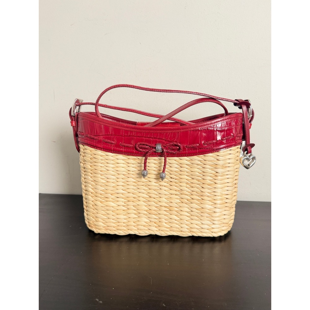 Brighton EMMA Straw Shoulder Bag Red Croc Leather Trim Heart Charm NEW With Tag